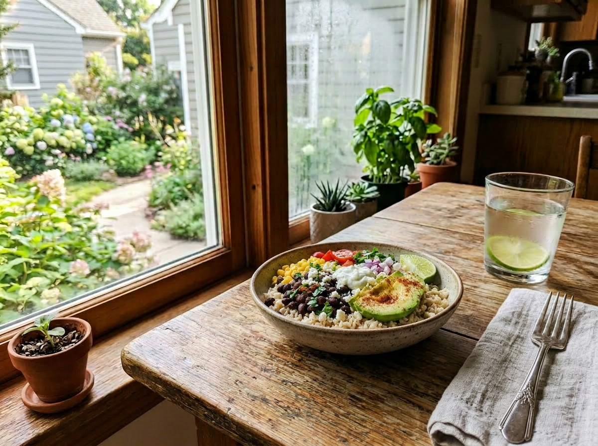 Rice bowl with black beans, corn, tomatoes, avocado, lime, onions, and yogurt sauce on wooden table by window
