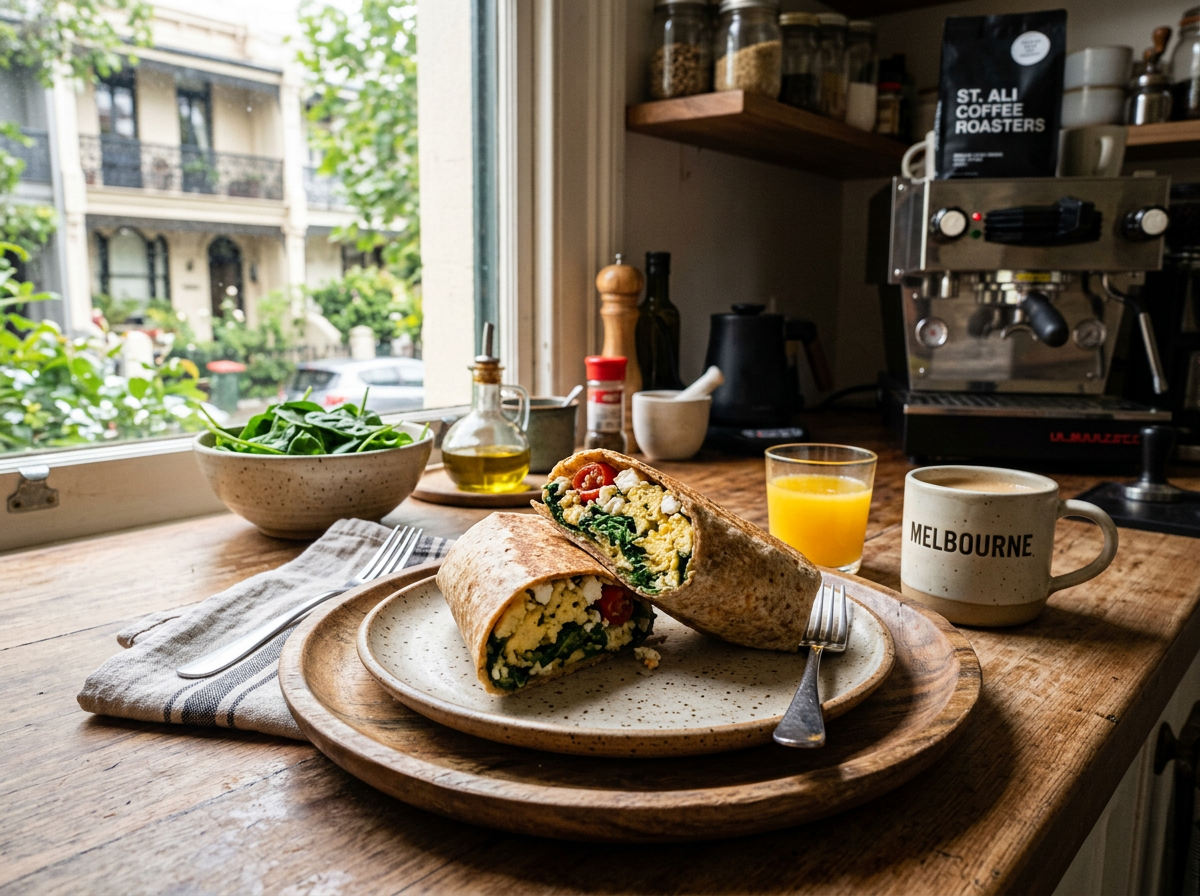 Breakfast burrito on a plate with orange juice and a coffee mug on a wooden counter by a window
