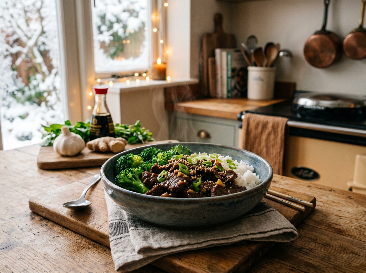 Steaming bowl containing beef, broccoli, and white rice on a wooden table with kitchen background