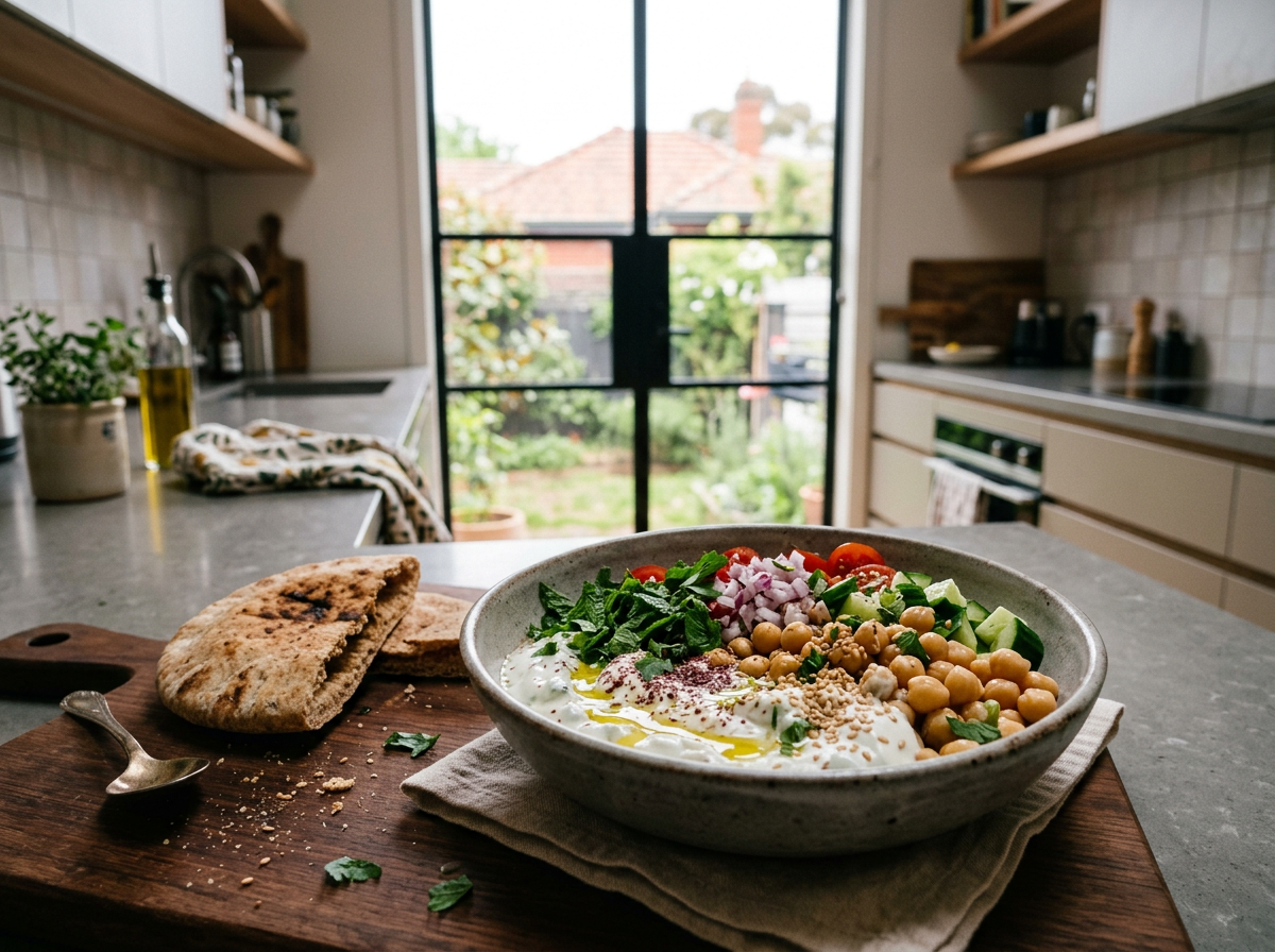 Bowl of chickpeas, yogurt, vegetables, herbs, and pita bread