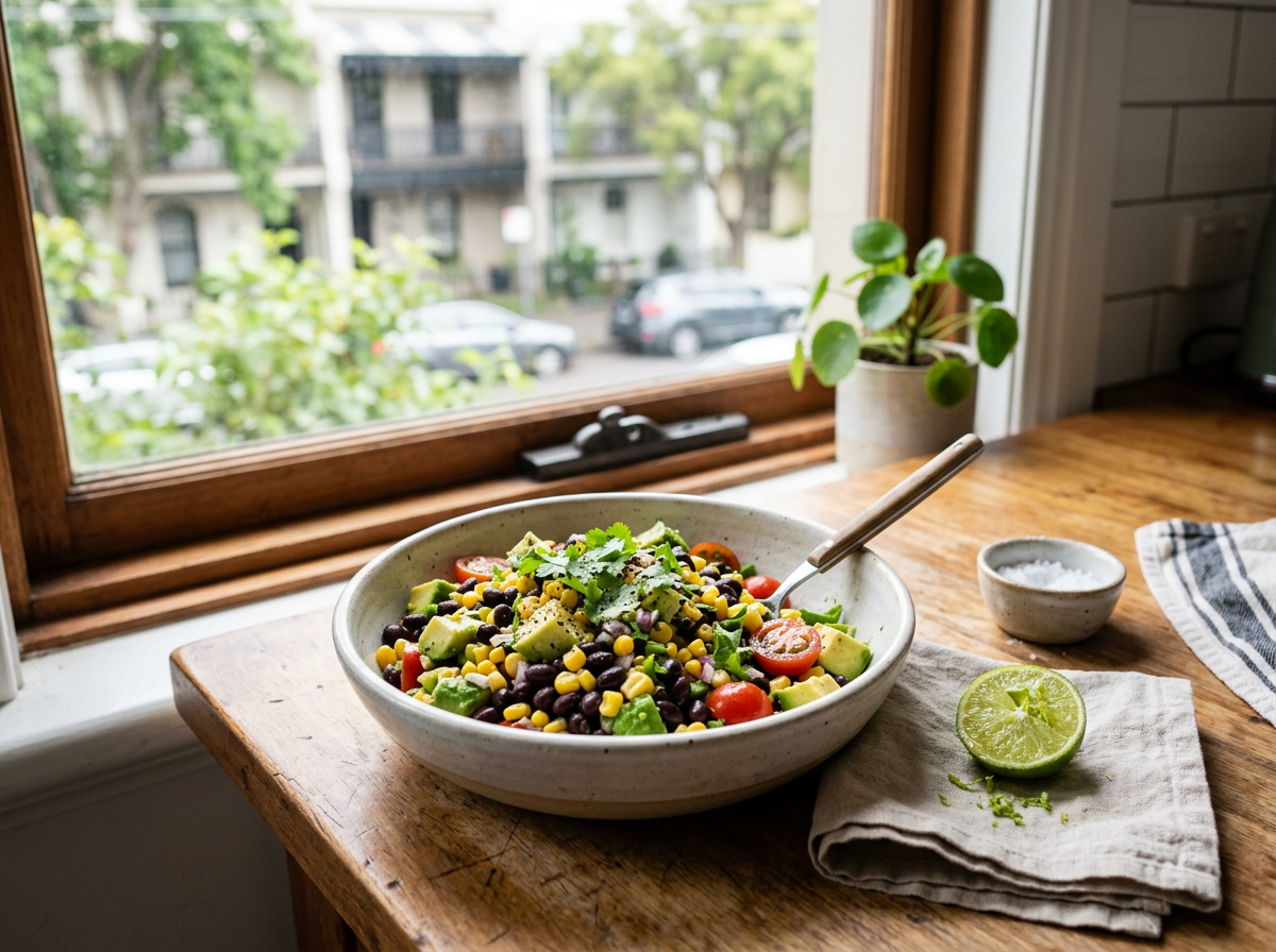Sweetcorn black bean avocado lime salad
